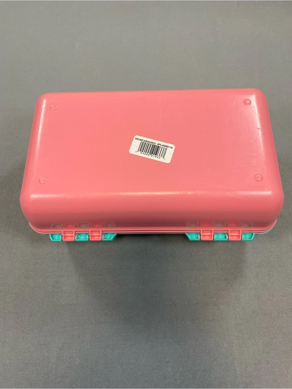 Vintage Caboodles Pink and Teal Makeup Case with Purple handle.